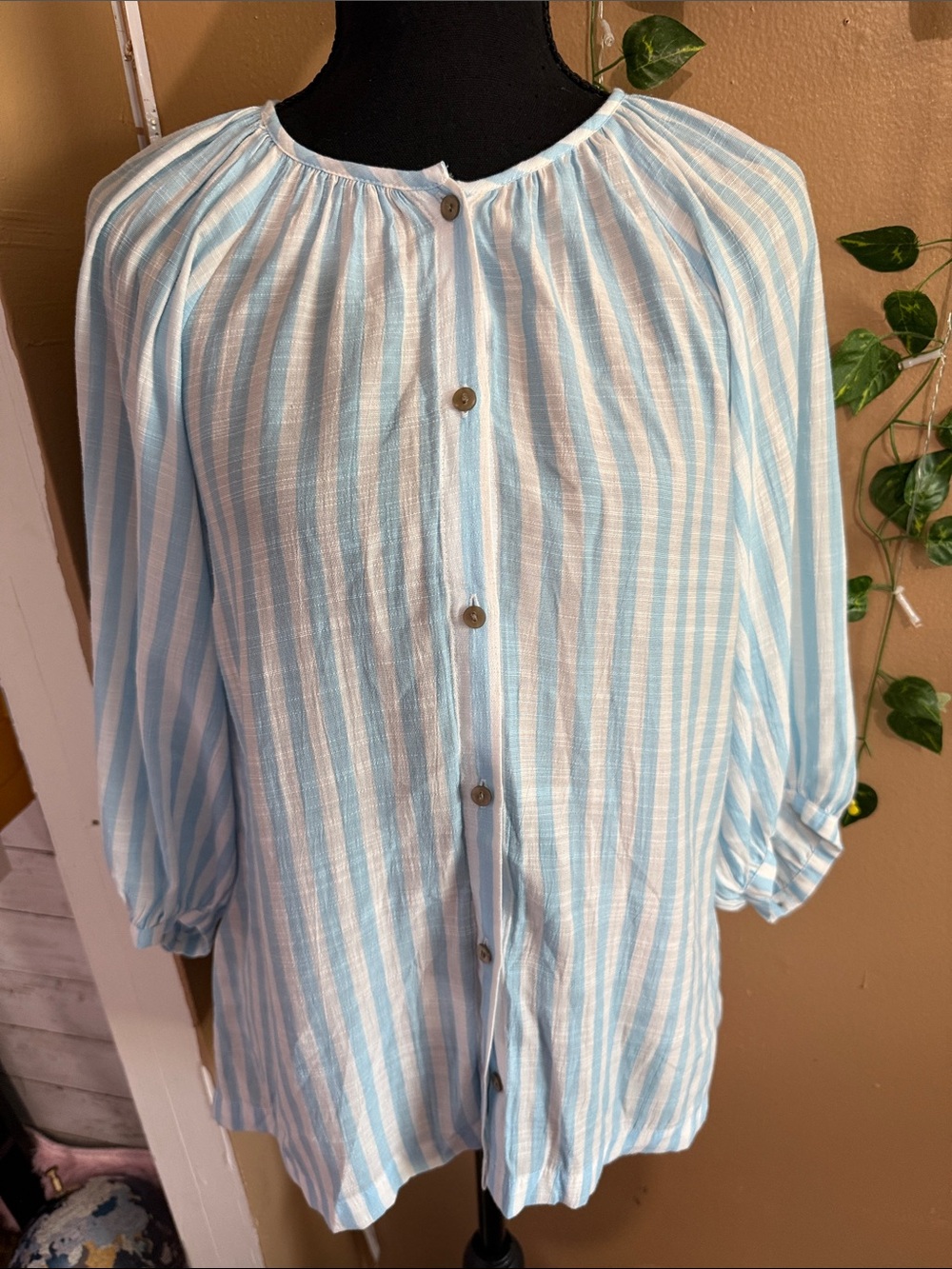 LC Lauren Conrad Light Blue and White Striped Button-Front Shirt